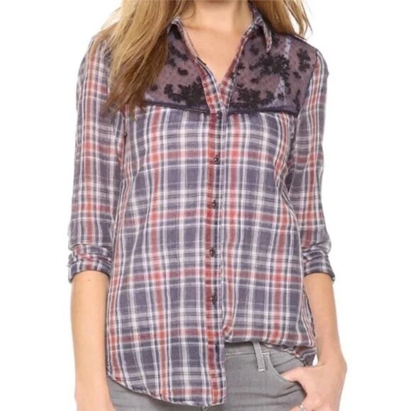 Free People Tops - Free People Floral Lace Insert Plaid Cotton Top Long Sleeve Women's Size S